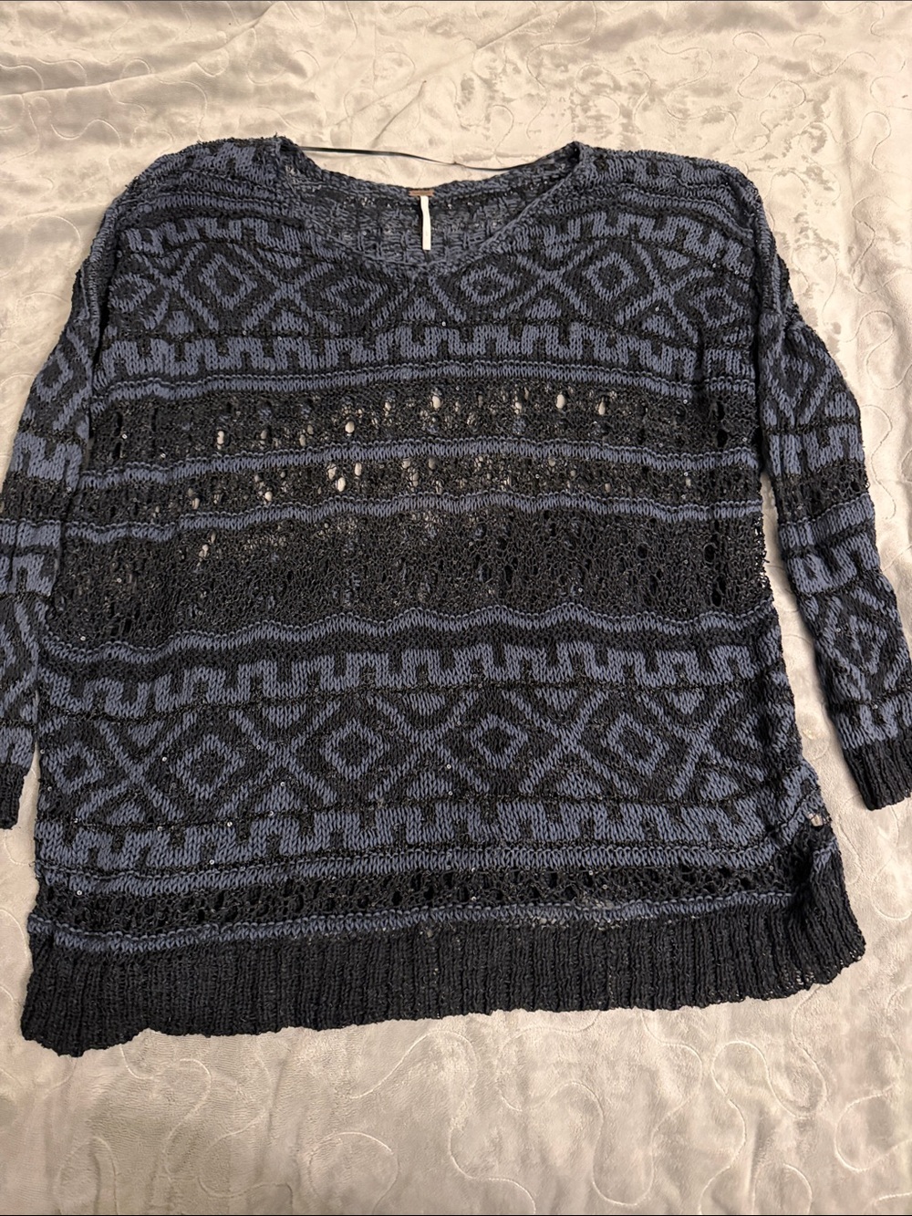 Free People Black and Navy Open-Knit Geometric Scoop Neck Sweater